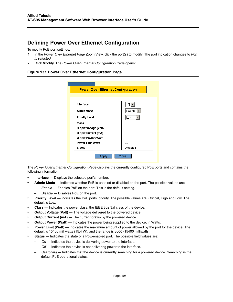 Defining power over ethernet configuration | Allied Telesis AT-S95 WEB User Manual | Page 196 / 254