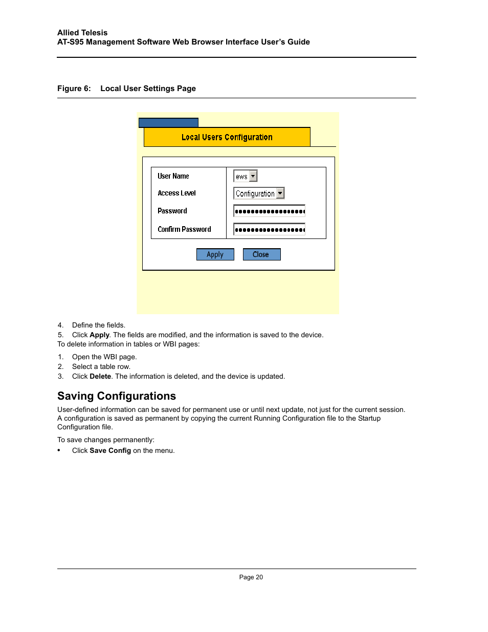 Saving configurations | Allied Telesis AT-S95 WEB User Manual | Page 20 / 254