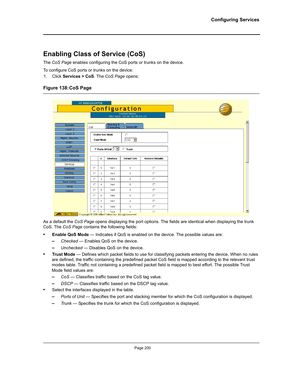 Enabling class of service (cos) | Allied Telesis AT-S95 WEB User Manual | Page 200 / 254