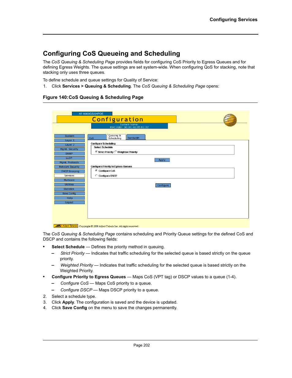 Configuring cos queueing and scheduling | Allied Telesis AT-S95 WEB User Manual | Page 202 / 254
