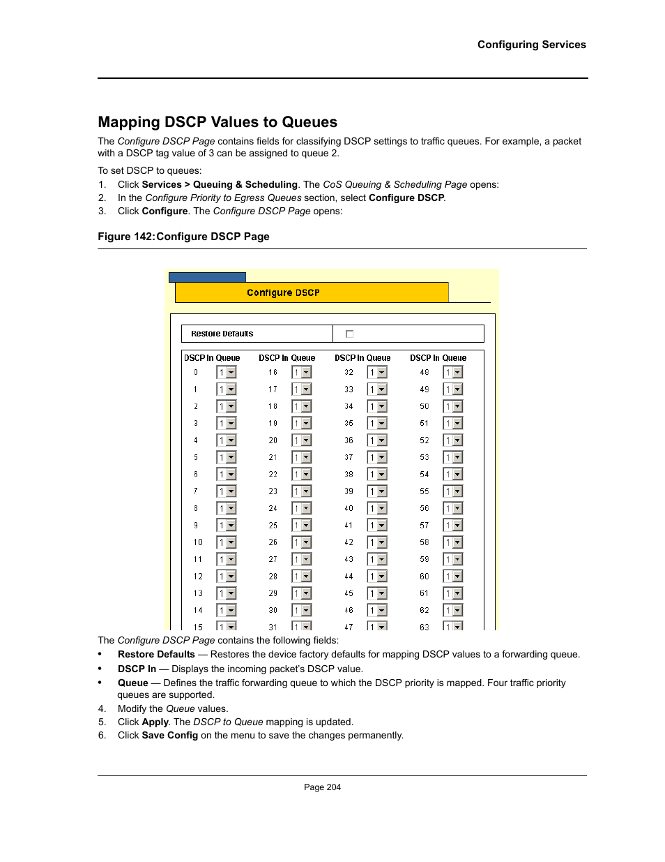 Mapping dscp values to queues | Allied Telesis AT-S95 WEB User Manual | Page 204 / 254
