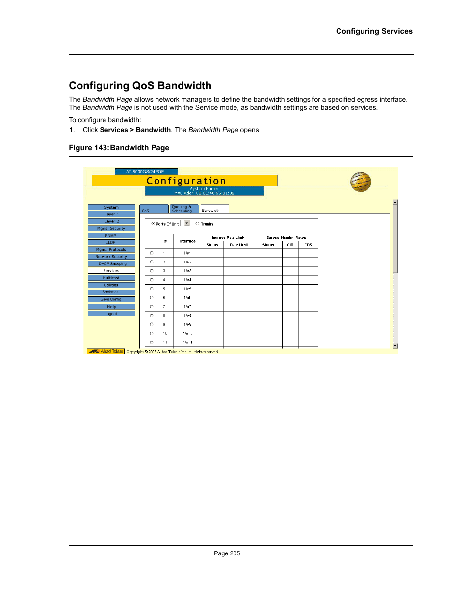 Configuring qos bandwidth | Allied Telesis AT-S95 WEB User Manual | Page 205 / 254