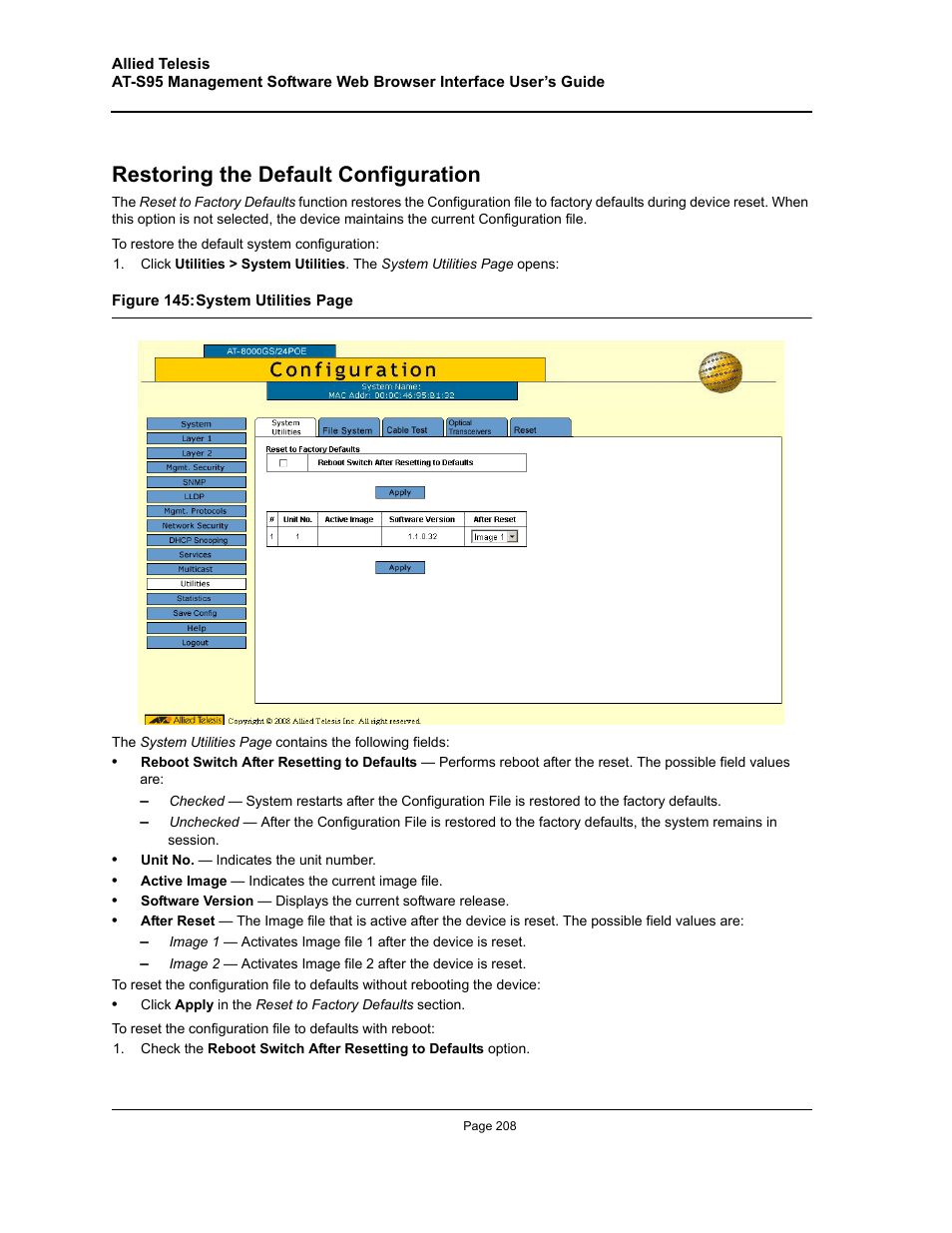 Restoring the default configuration | Allied Telesis AT-S95 WEB User Manual | Page 208 / 254
