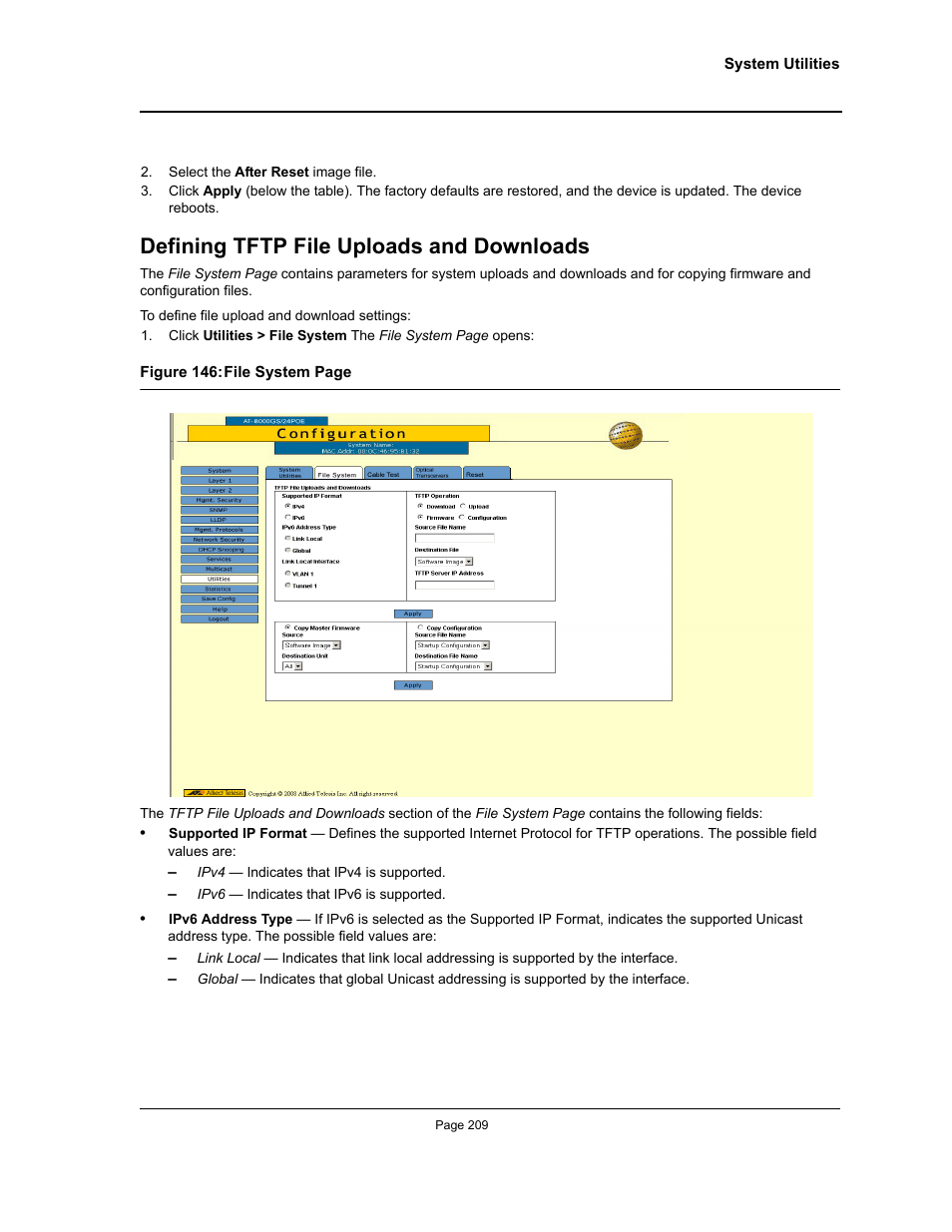 Defining tftp file uploads and downloads | Allied Telesis AT-S95 WEB User Manual | Page 209 / 254