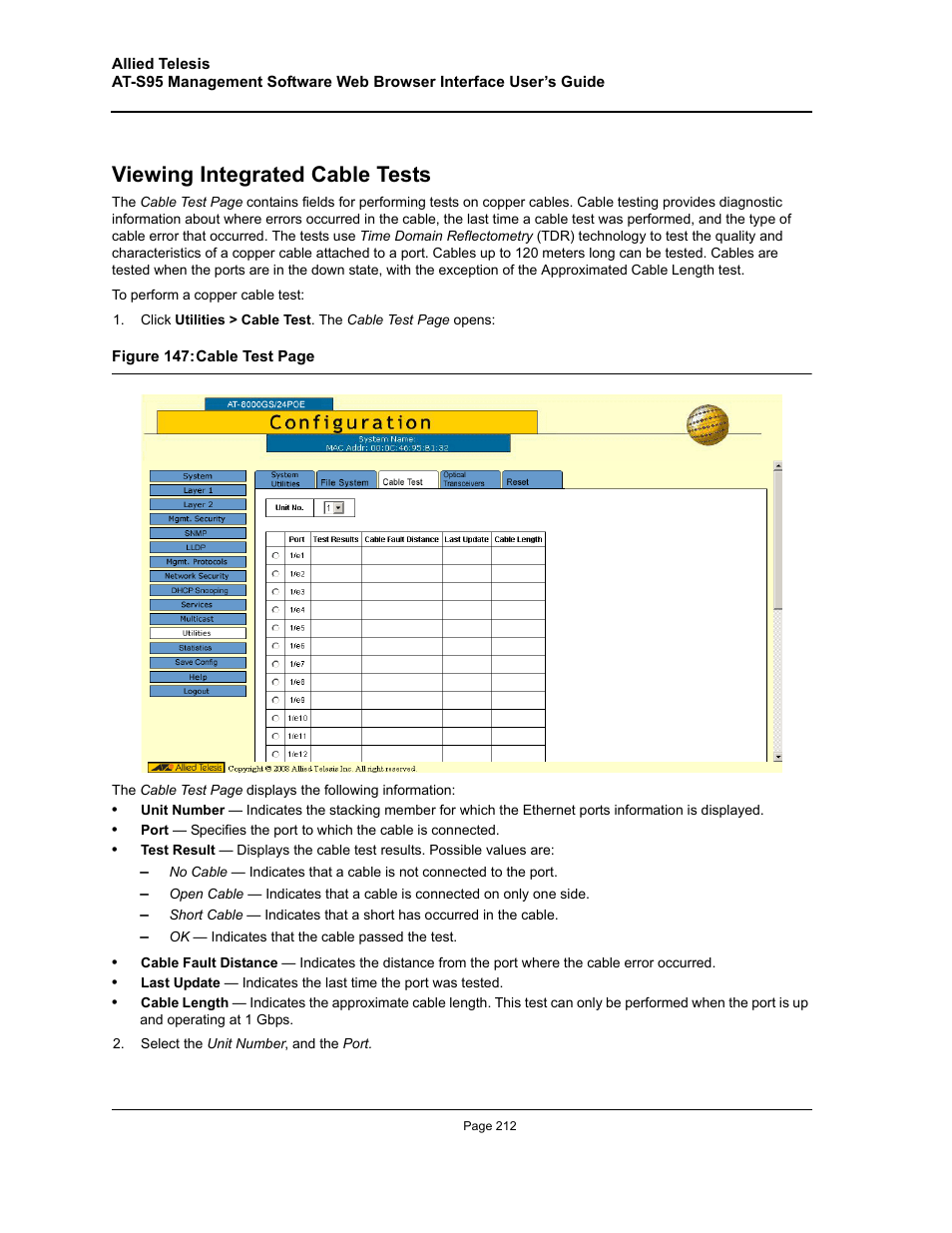 Viewing integrated cable tests | Allied Telesis AT-S95 WEB User Manual | Page 212 / 254