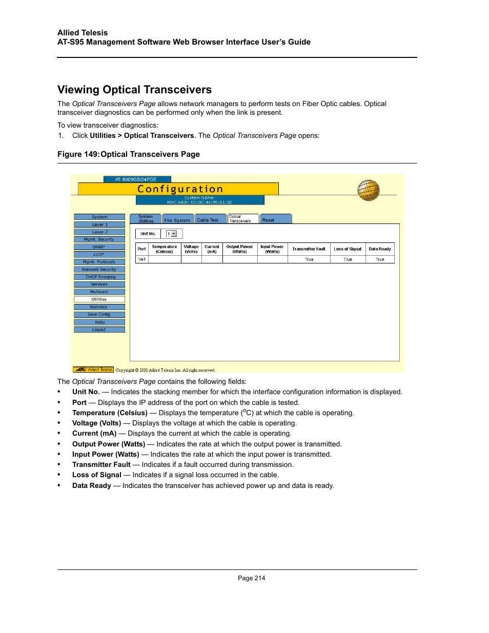Viewing optical transceivers | Allied Telesis AT-S95 WEB User Manual | Page 214 / 254