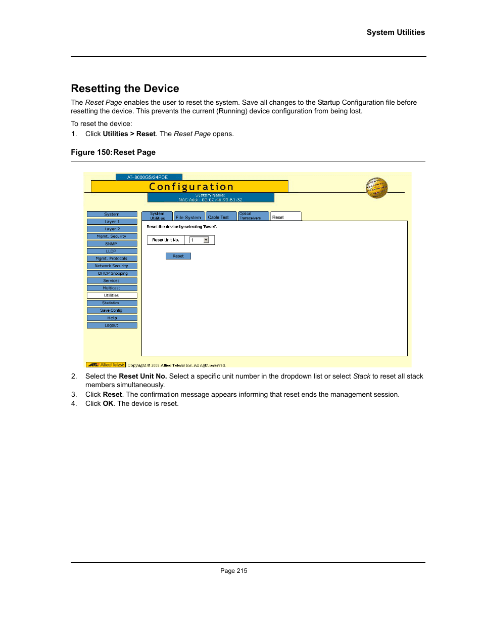 Resetting the device | Allied Telesis AT-S95 WEB User Manual | Page 215 / 254