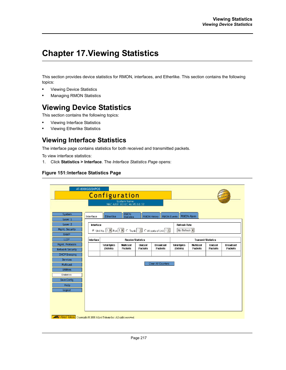 Chapter 17. viewing statistics, Viewing device statistics, Viewing interface statistics | Chapter 17.viewing statistics, Section title“viewing statistics | Allied Telesis AT-S95 WEB User Manual | Page 217 / 254