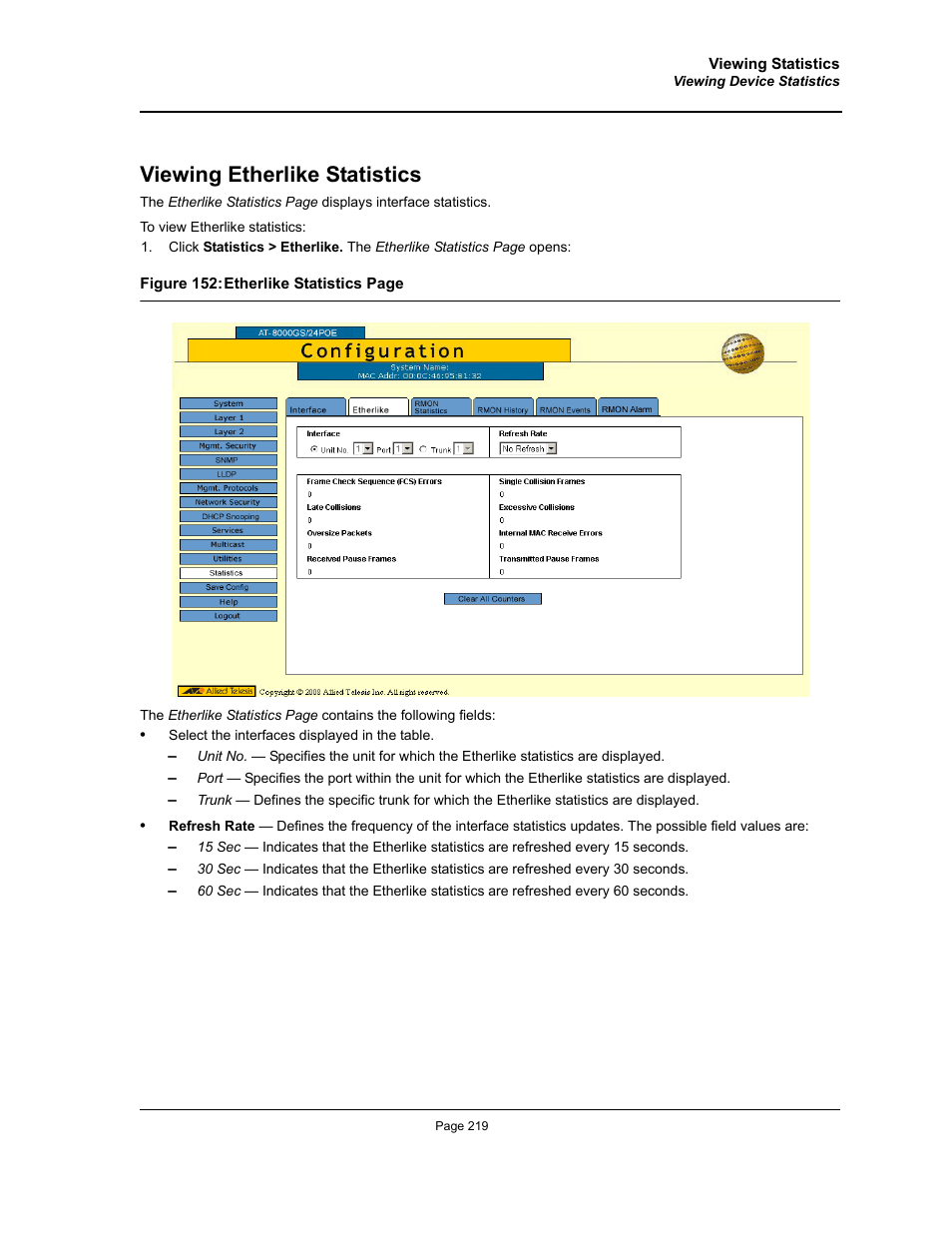 Viewing etherlike statistics | Allied Telesis AT-S95 WEB User Manual | Page 219 / 254