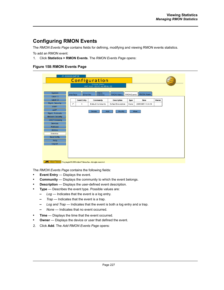 Configuring rmon events | Allied Telesis AT-S95 WEB User Manual | Page 227 / 254