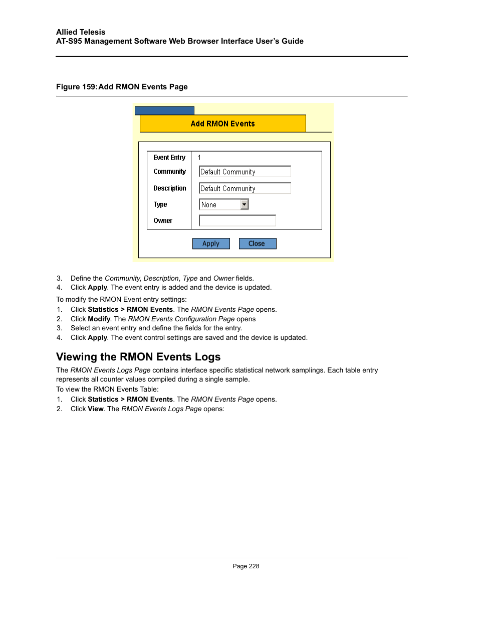 Viewing the rmon events logs | Allied Telesis AT-S95 WEB User Manual | Page 228 / 254