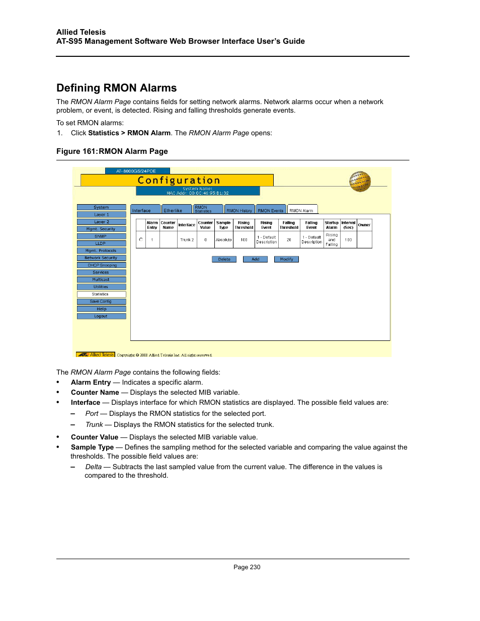 Defining rmon alarms | Allied Telesis AT-S95 WEB User Manual | Page 230 / 254