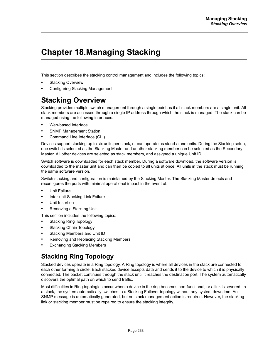 Chapter 18. managing stacking, Stacking overview, Stacking ring topology | Chapter 18.managing stacking, Section title“managing stacking | Allied Telesis AT-S95 WEB User Manual | Page 233 / 254