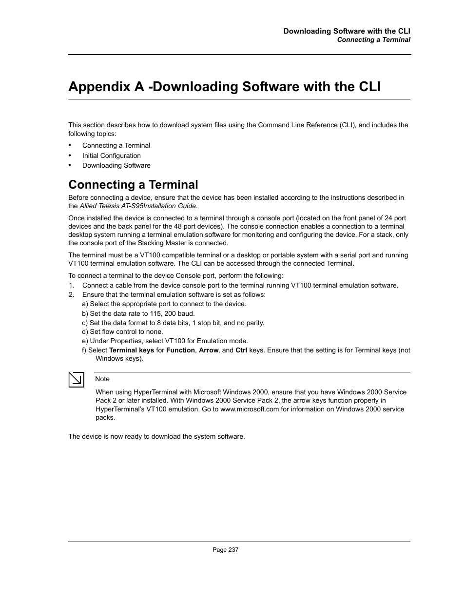 Appendix a - downloading software with the cli, Connecting a terminal, Appendix title“downloading software with the cli | Appendix a -downloading software with the cli | Allied Telesis AT-S95 WEB User Manual | Page 237 / 254