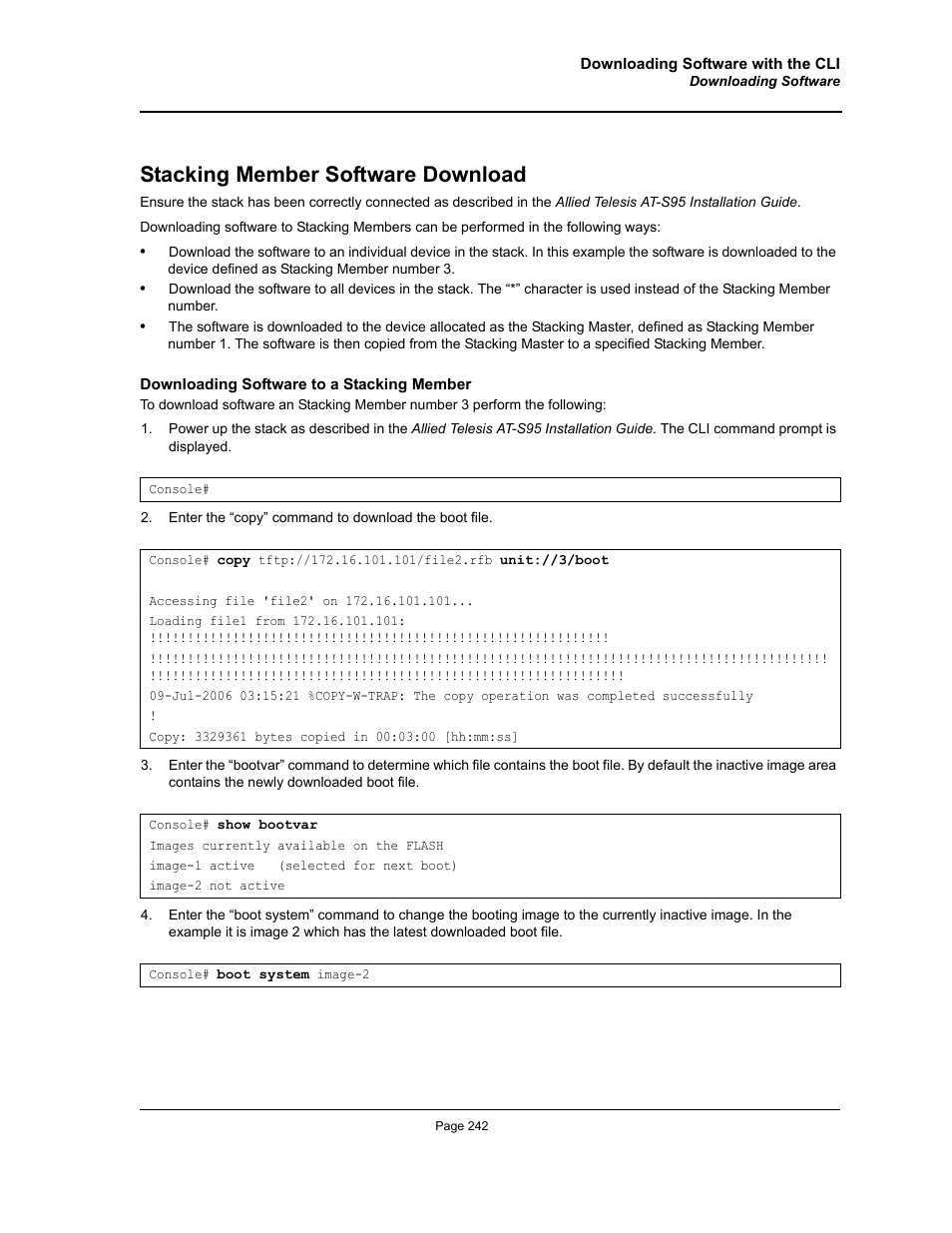 Stacking member software download | Allied Telesis AT-S95 WEB User Manual | Page 242 / 254