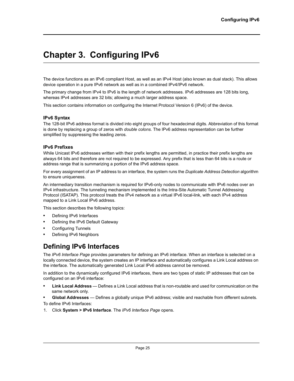 Chapter 3. configuring ipv6, Defining ipv6 interfaces, Chapter 3.configuring ipv6 | N 3, section title“configuring ipv6 | Allied Telesis AT-S95 WEB User Manual | Page 25 / 254