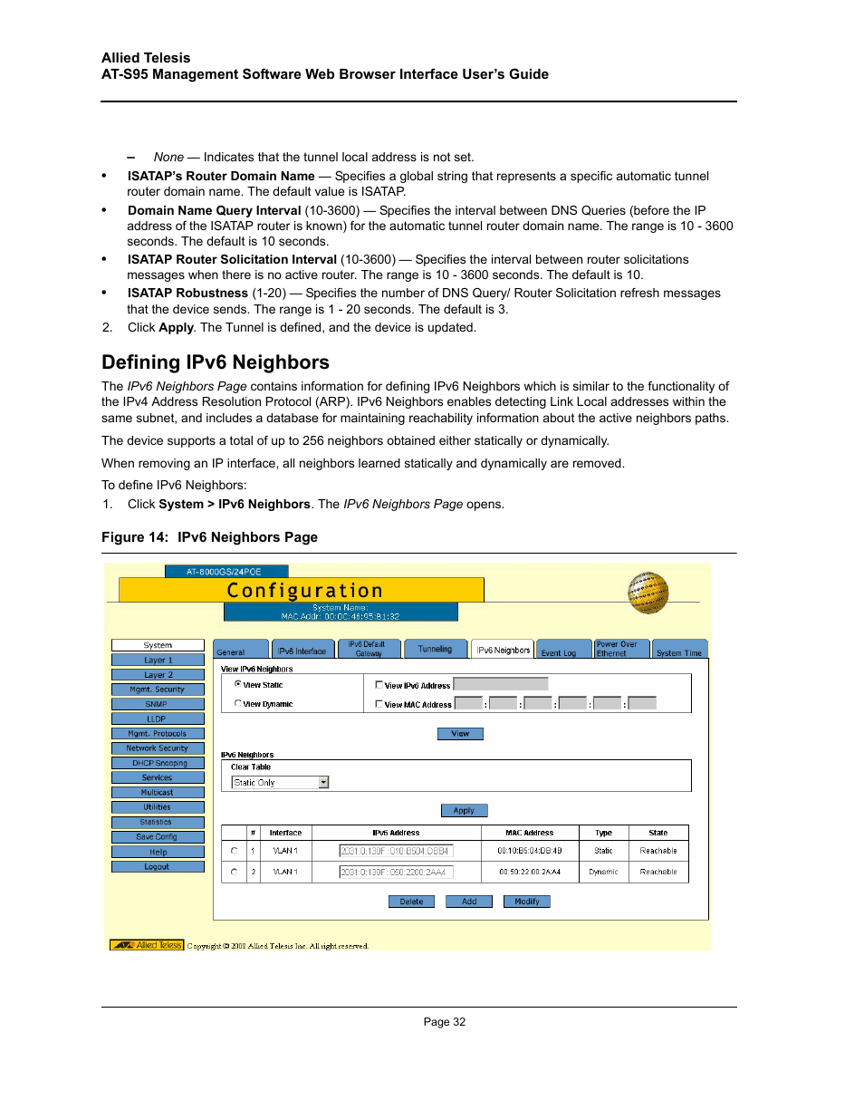 Defining ipv6 neighbors | Allied Telesis AT-S95 WEB User Manual | Page 32 / 254