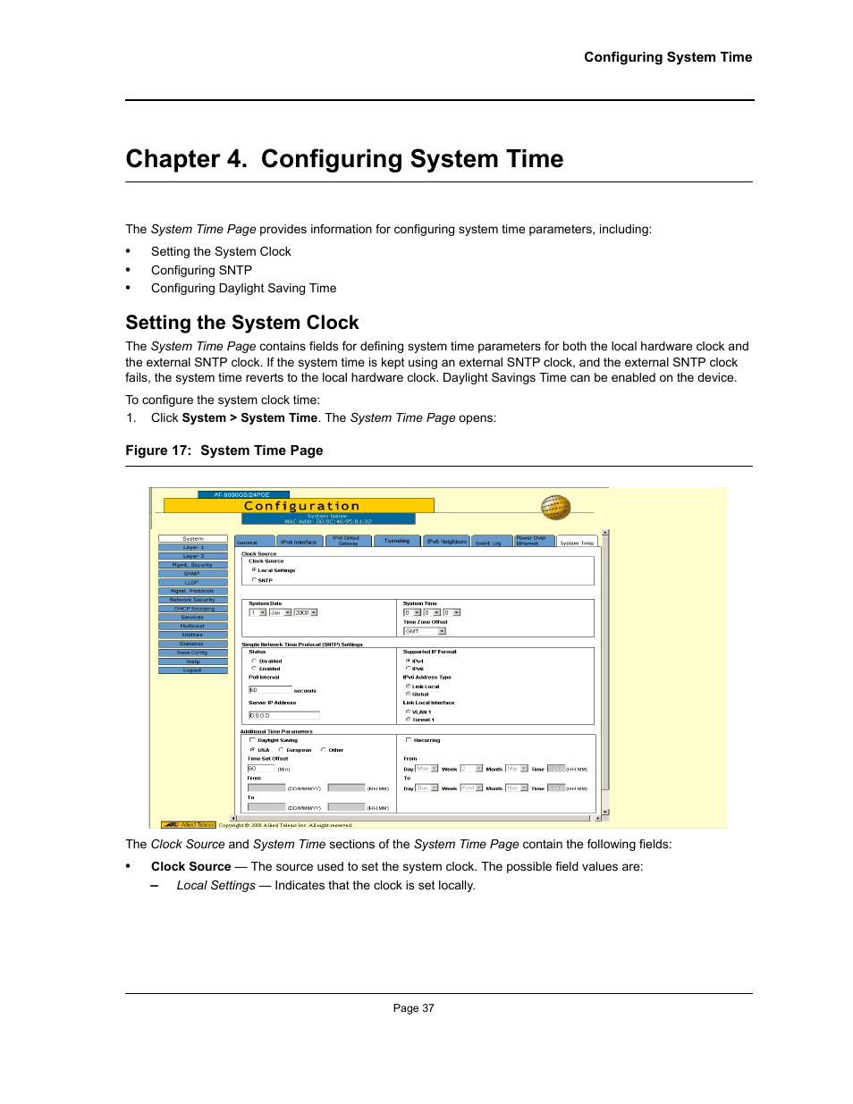 Chapter 4. configuring system time, Setting the system clock, Chapter 4.configuring system time | Section title“configuring system time | Allied Telesis AT-S95 WEB User Manual | Page 37 / 254