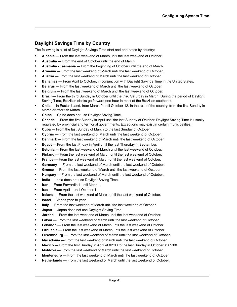 Daylight savings time by country | Allied Telesis AT-S95 WEB User Manual | Page 41 / 254
