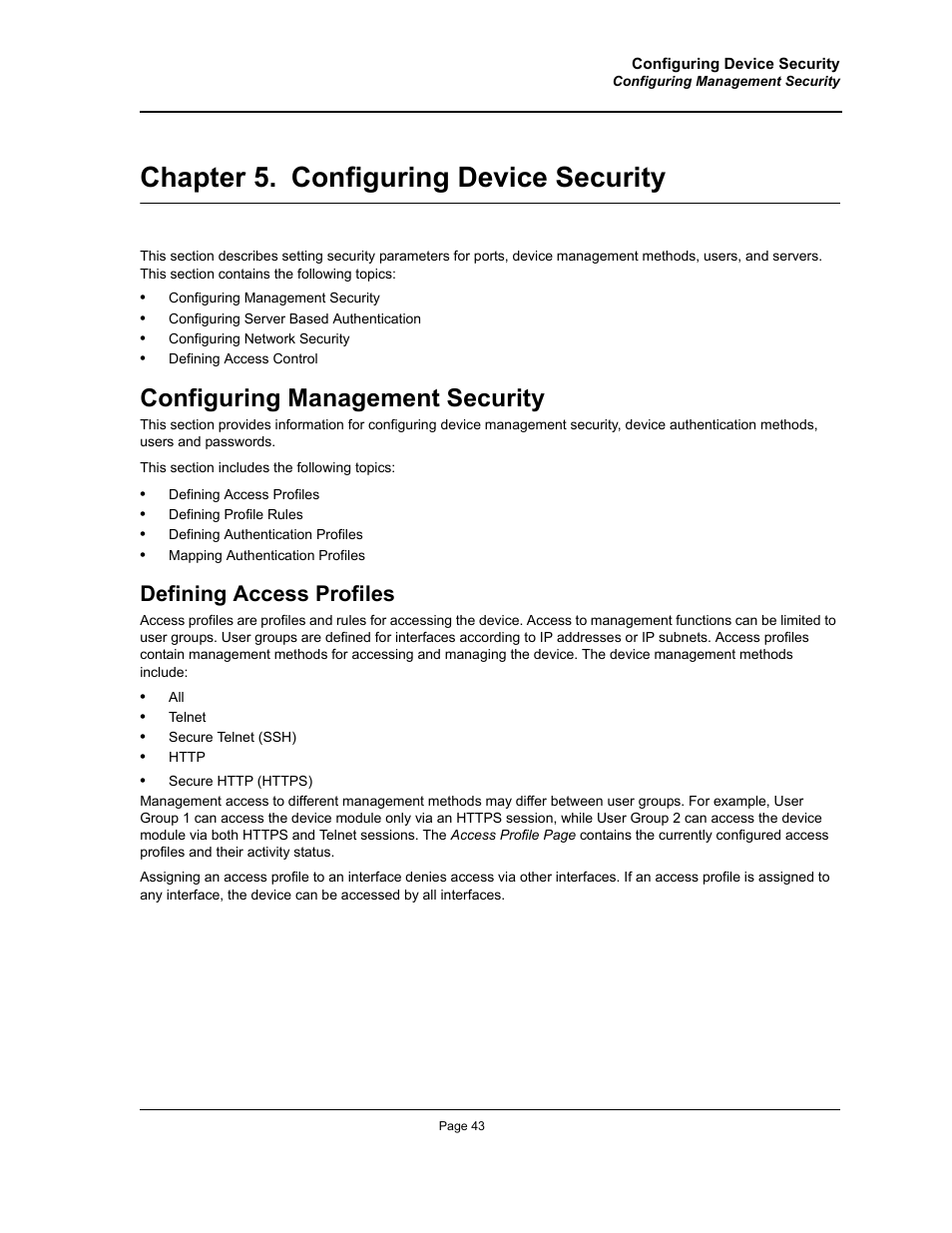 Chapter 5. configuring device security, Configuring management security, Defining access profiles | Chapter 5.configuring device security, 5, section title“configuring device security | Allied Telesis AT-S95 WEB User Manual | Page 43 / 254