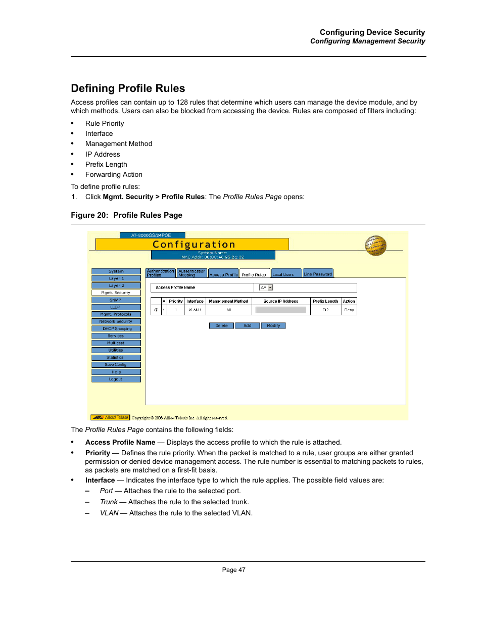 Defining profile rules | Allied Telesis AT-S95 WEB User Manual | Page 47 / 254