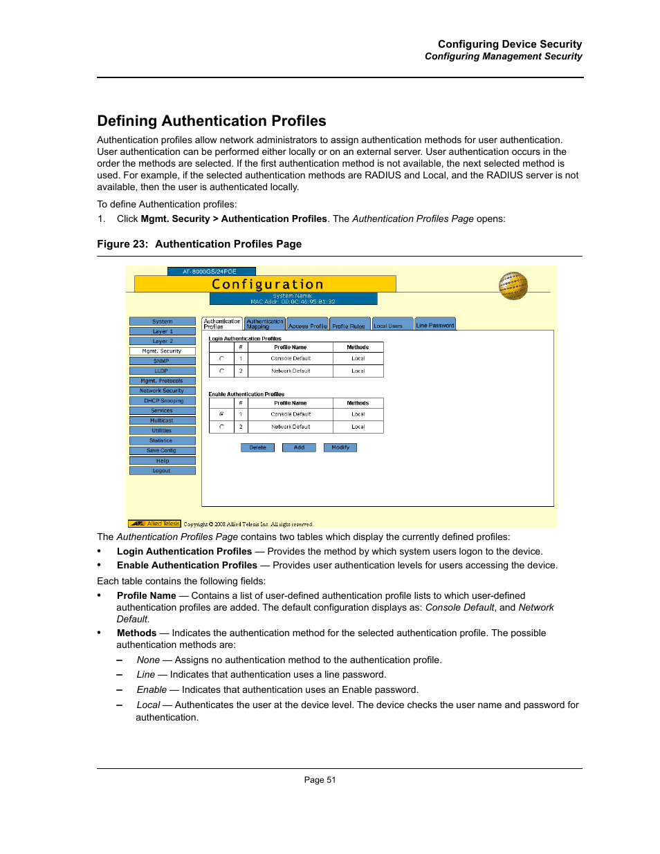 Defining authentication profiles | Allied Telesis AT-S95 WEB User Manual | Page 51 / 254