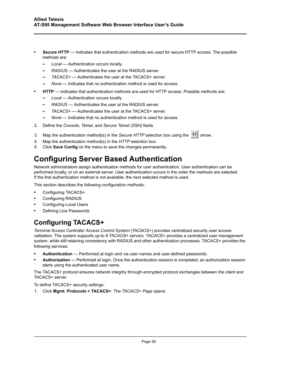 Configuring server based authentication, Configuring tacacs | Allied Telesis AT-S95 WEB User Manual | Page 56 / 254