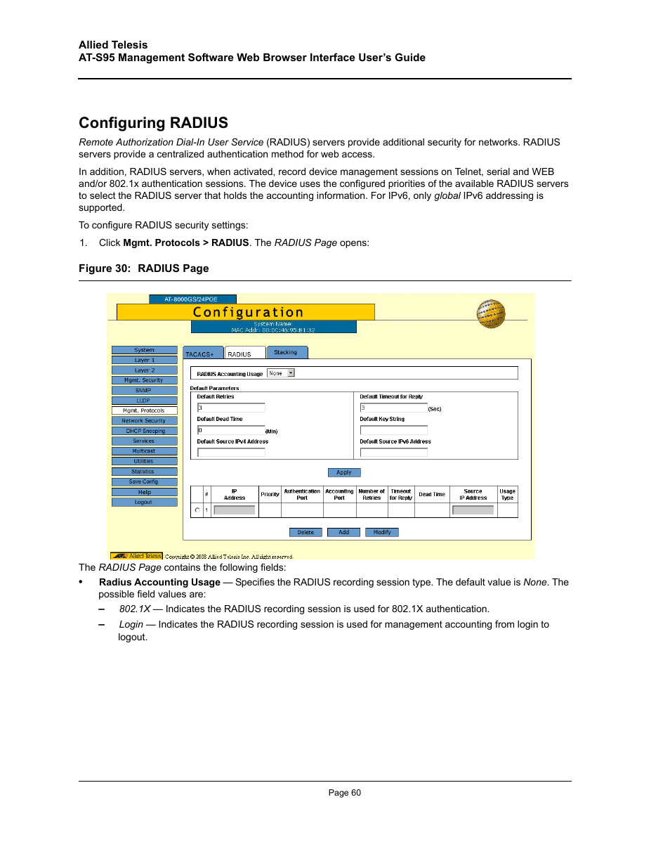 Configuring radius | Allied Telesis AT-S95 WEB User Manual | Page 60 / 254
