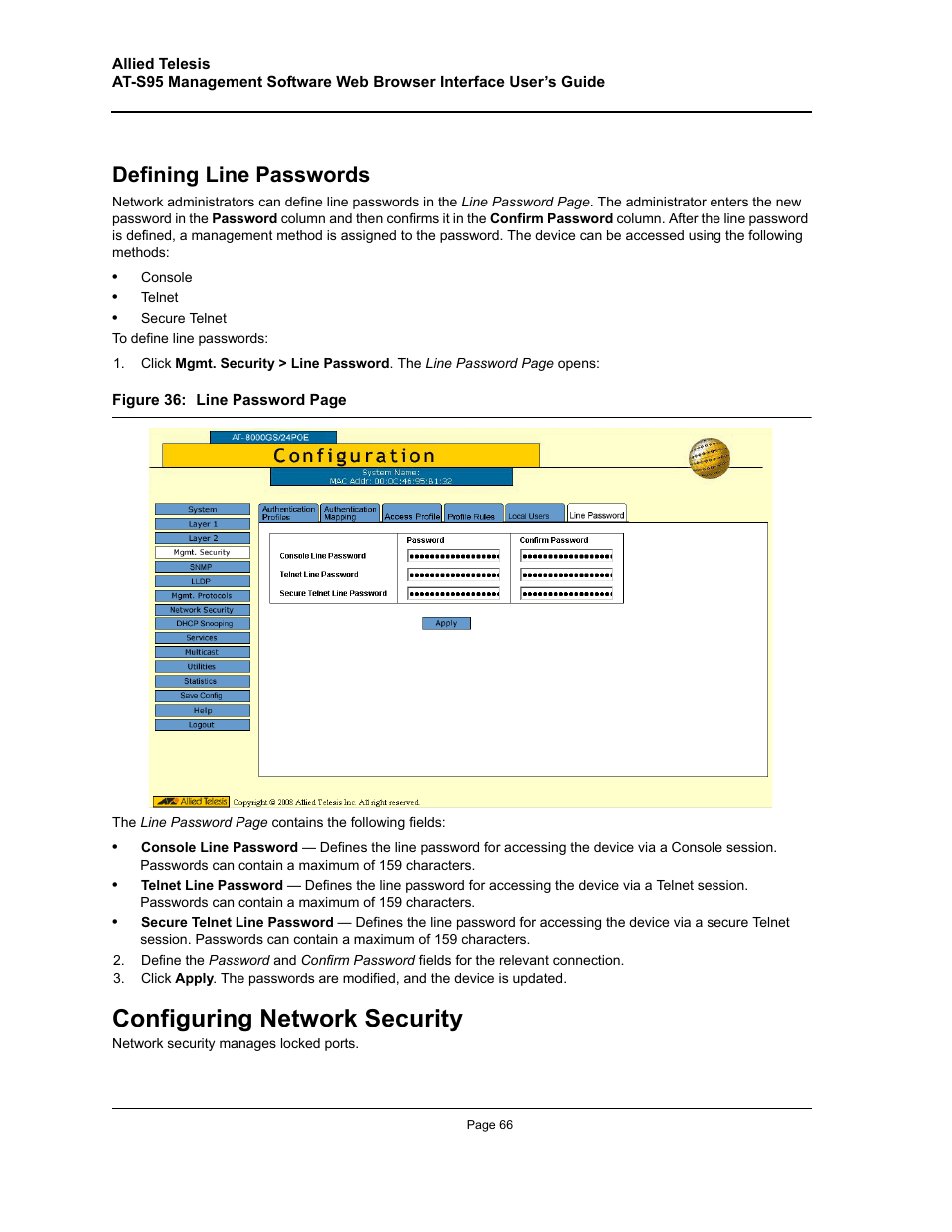 Defining line passwords, Configuring network security | Allied Telesis AT-S95 WEB User Manual | Page 66 / 254