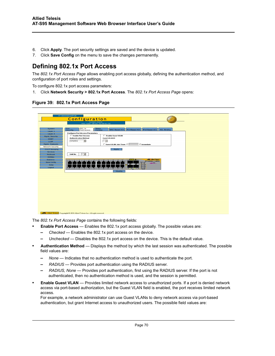 Defining 802.1x port access | Allied Telesis AT-S95 WEB User Manual | Page 70 / 254