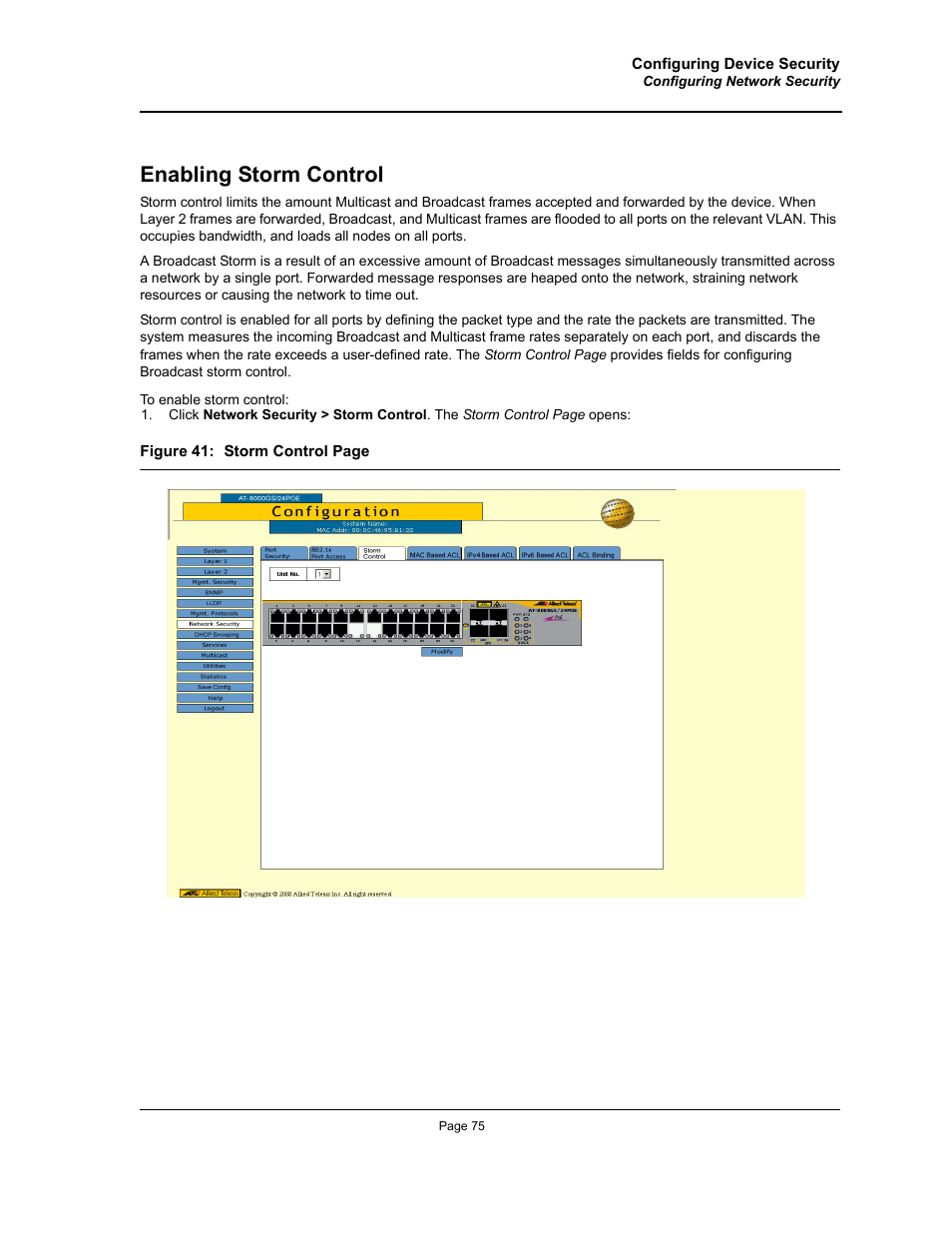 Enabling storm control | Allied Telesis AT-S95 WEB User Manual | Page 75 / 254