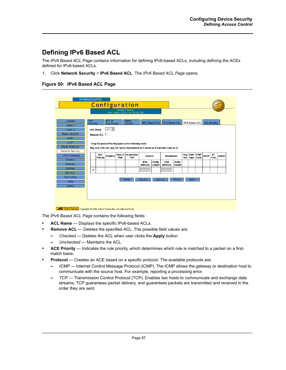 Defining ipv6 based acl | Allied Telesis AT-S95 WEB User Manual | Page 87 / 254