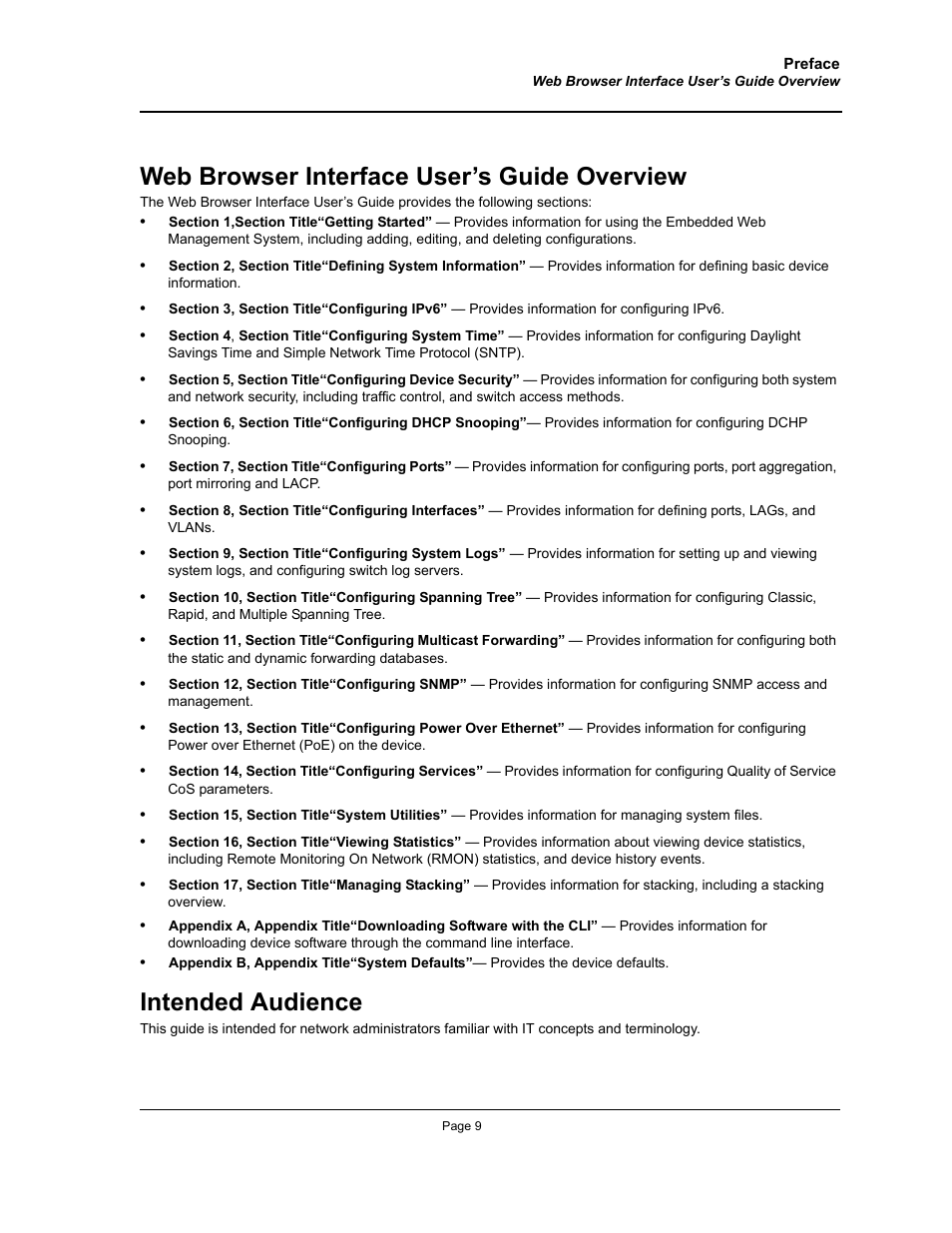 Web browser interface user’s guide overview, Intended audience | Allied Telesis AT-S95 WEB User Manual | Page 9 / 254