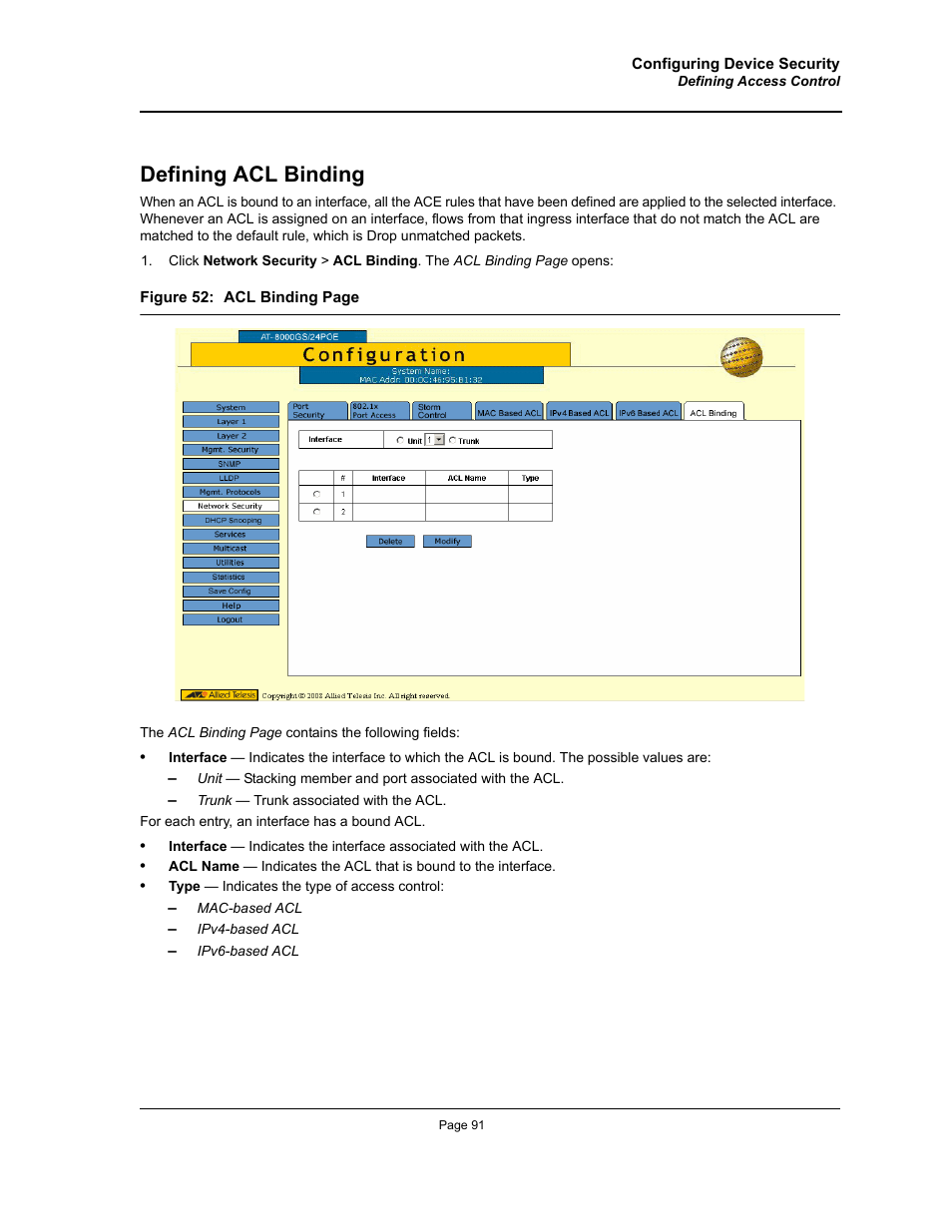 Defining acl binding | Allied Telesis AT-S95 WEB User Manual | Page 91 / 254