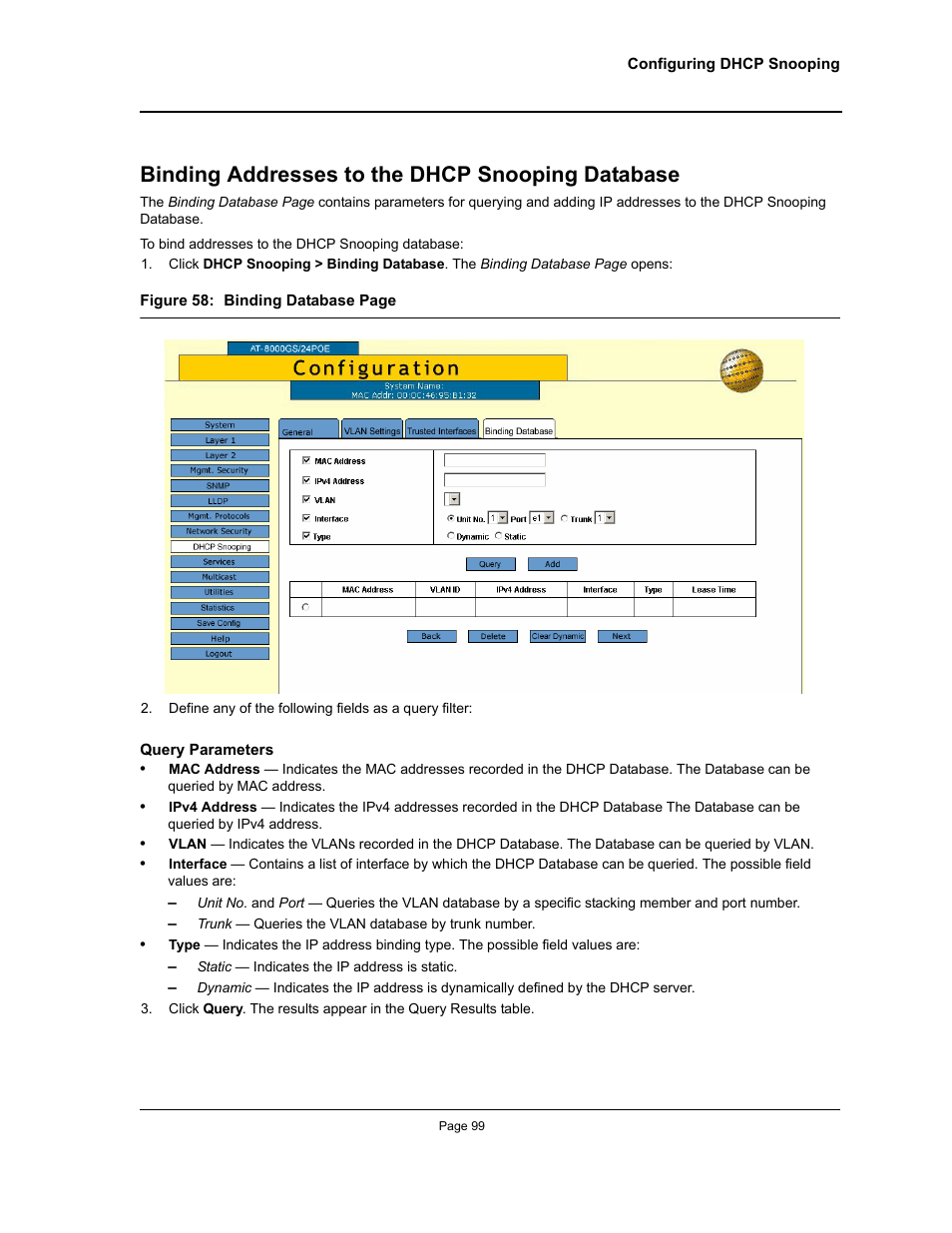 Binding addresses to the dhcp snooping database | Allied Telesis AT-S95 WEB User Manual | Page 99 / 254