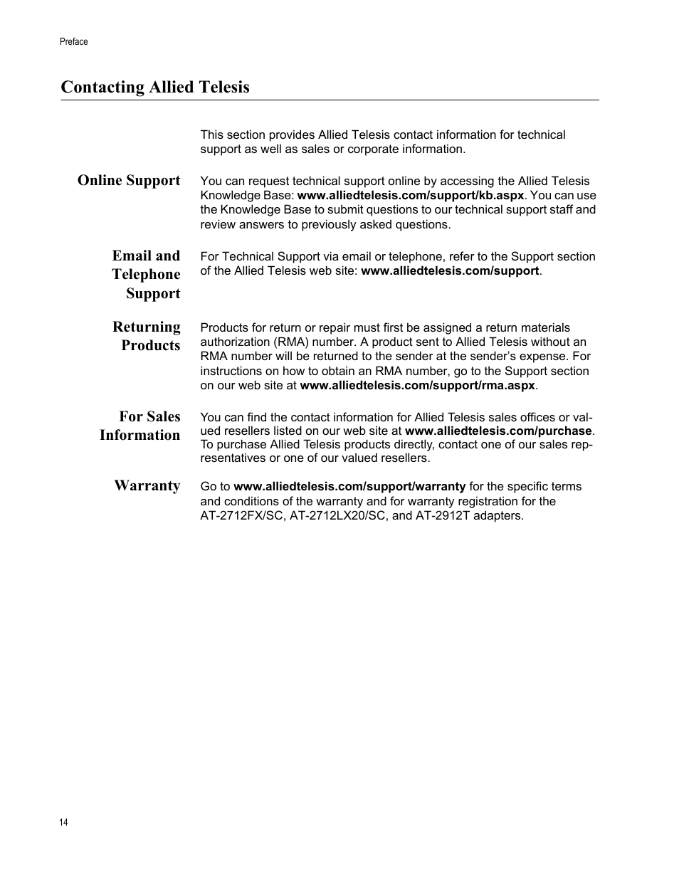 Contacting allied telesis, Online support, Email and telephone support | Returning products, For sales information, Warranty | Allied Telesis AT-2912T User Manual | Page 14 / 100