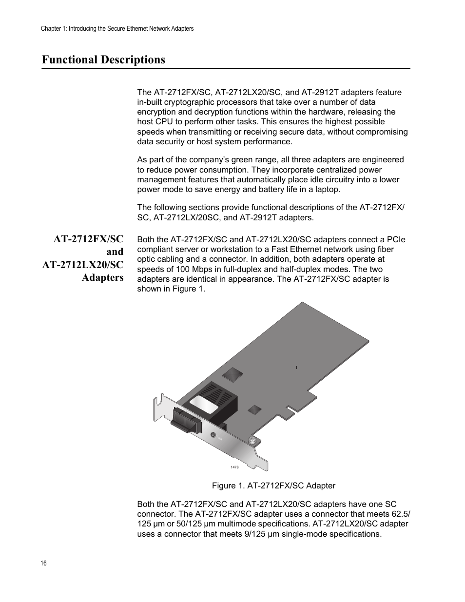 Functional descriptions, At-2712fx/sc and at-2712lx20/sc adapters, Figure 1. at-2712fx/sc adapter | Allied Telesis AT-2912T User Manual | Page 16 / 100