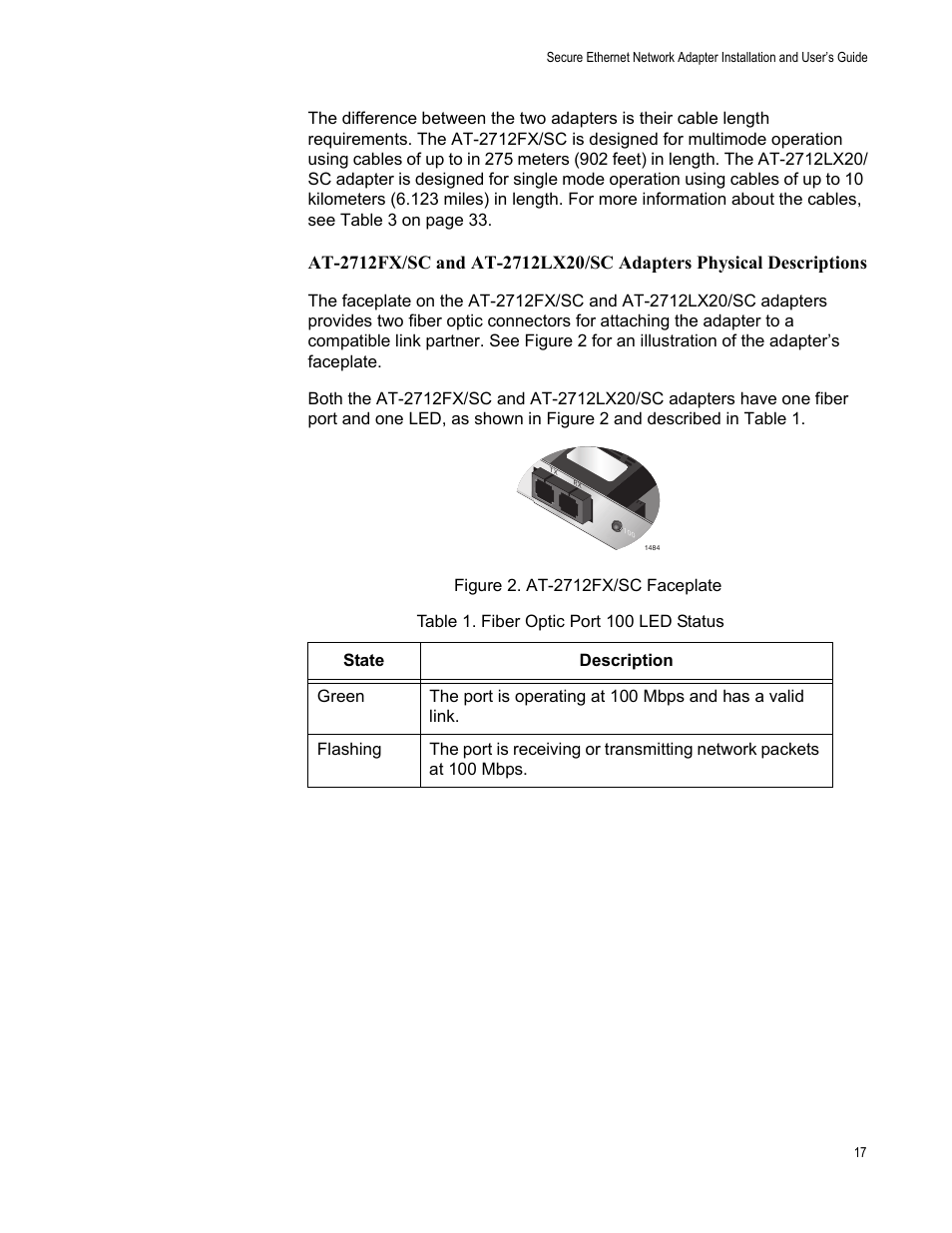 Figure 2. at-2712fx/sc faceplate, Table 2: fiber optic port 100 led status | Allied Telesis AT-2912T User Manual | Page 17 / 100