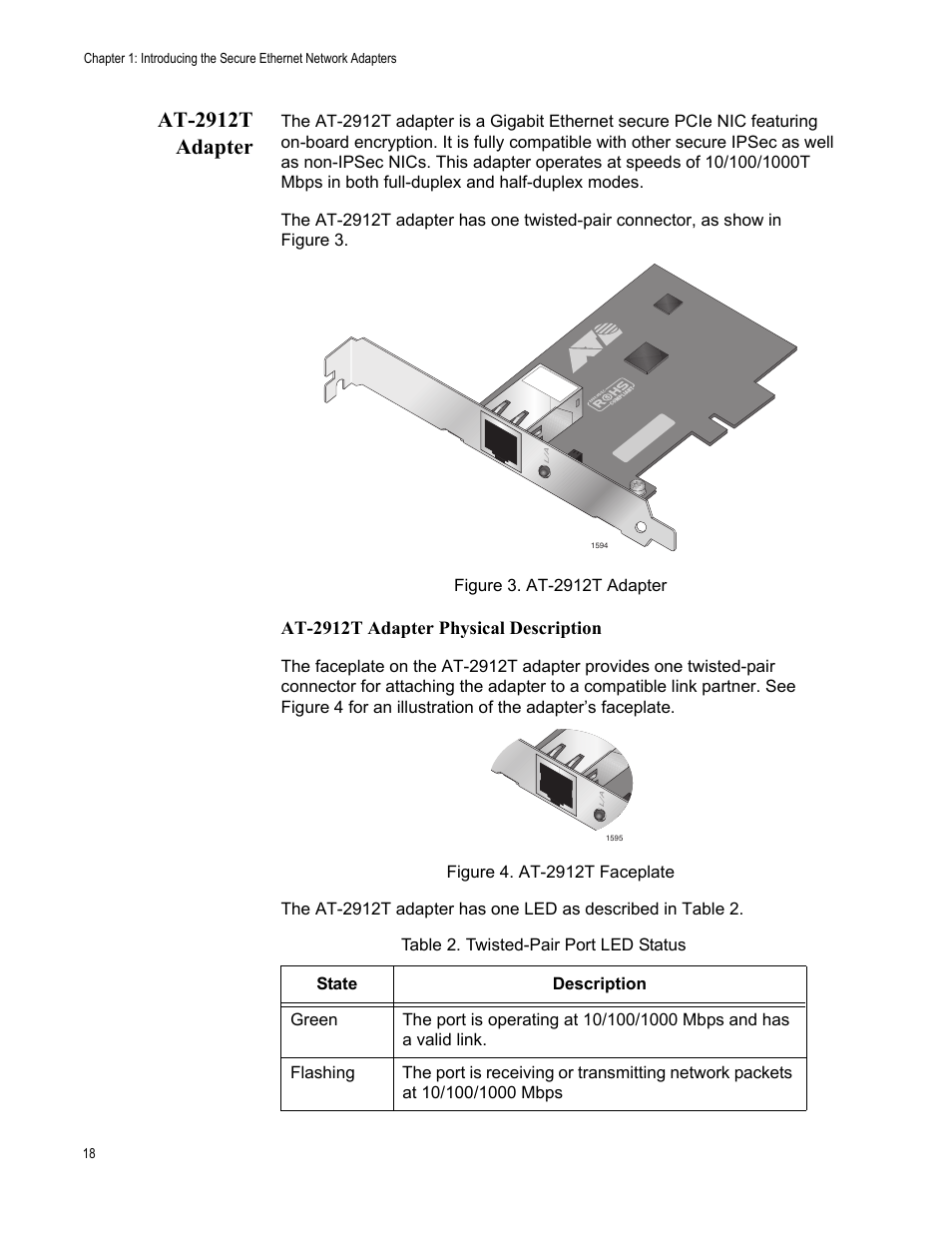 At-2912t adapter, Table 3: twisted-pair port led status | Allied Telesis AT-2912T User Manual | Page 18 / 100