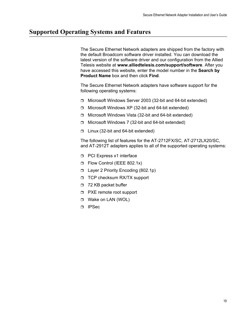 Supported operating systems and features | Allied Telesis AT-2912T User Manual | Page 19 / 100