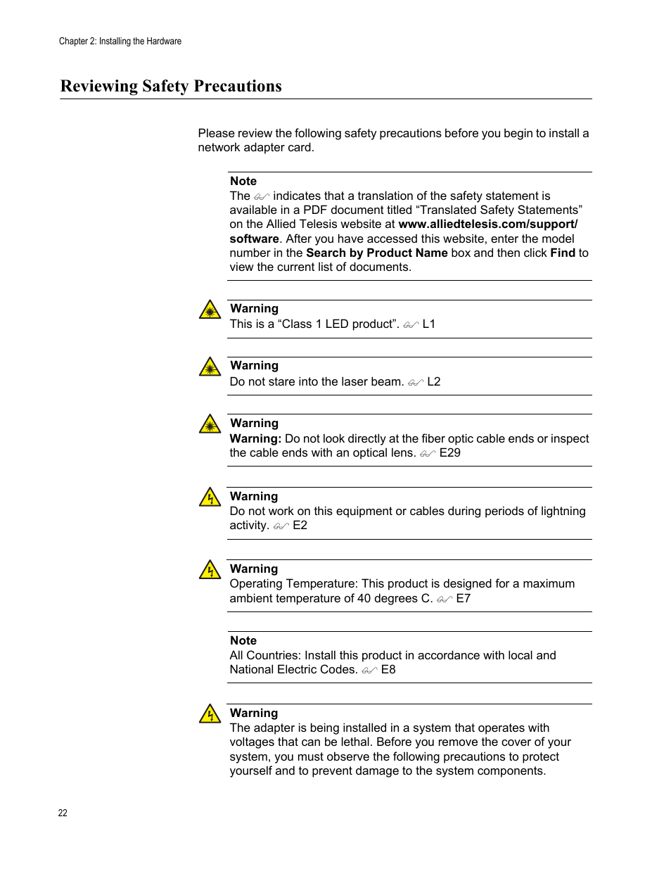 Reviewing safety precautions | Allied Telesis AT-2912T User Manual | Page 22 / 100