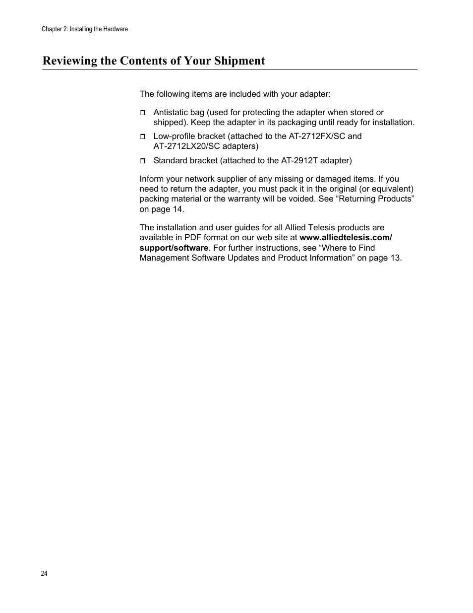 Reviewing the contents of your shipment | Allied Telesis AT-2912T User Manual | Page 24 / 100