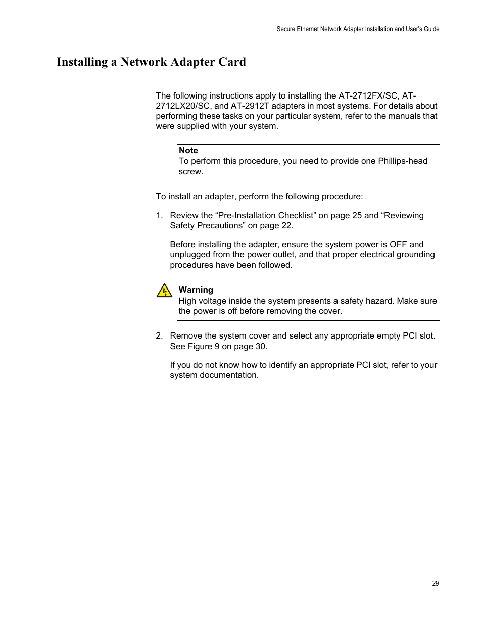 Installing a network adapter card | Allied Telesis AT-2912T User Manual | Page 29 / 100