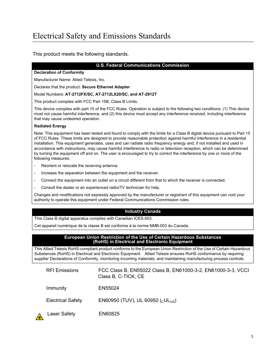 Electrical safety and emissions standards | Allied Telesis AT-2912T User Manual | Page 3 / 100