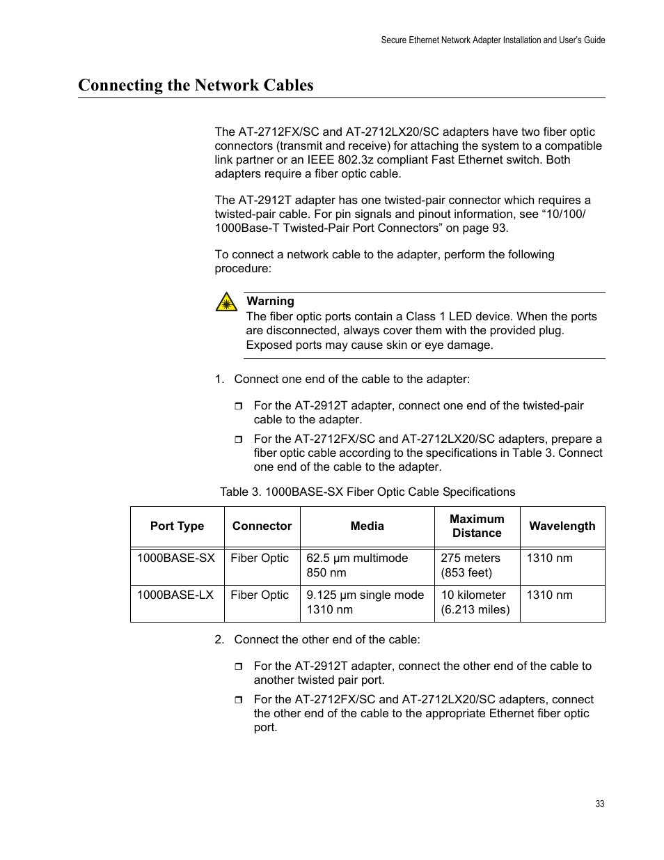 Connecting the network cables | Allied Telesis AT-2912T User Manual | Page 33 / 100