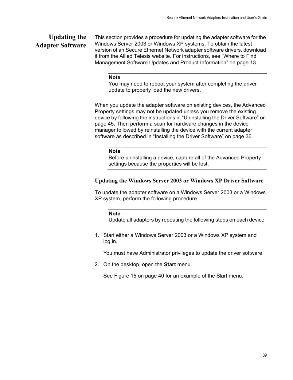 Updating the adapter software | Allied Telesis AT-2912T User Manual | Page 39 / 100