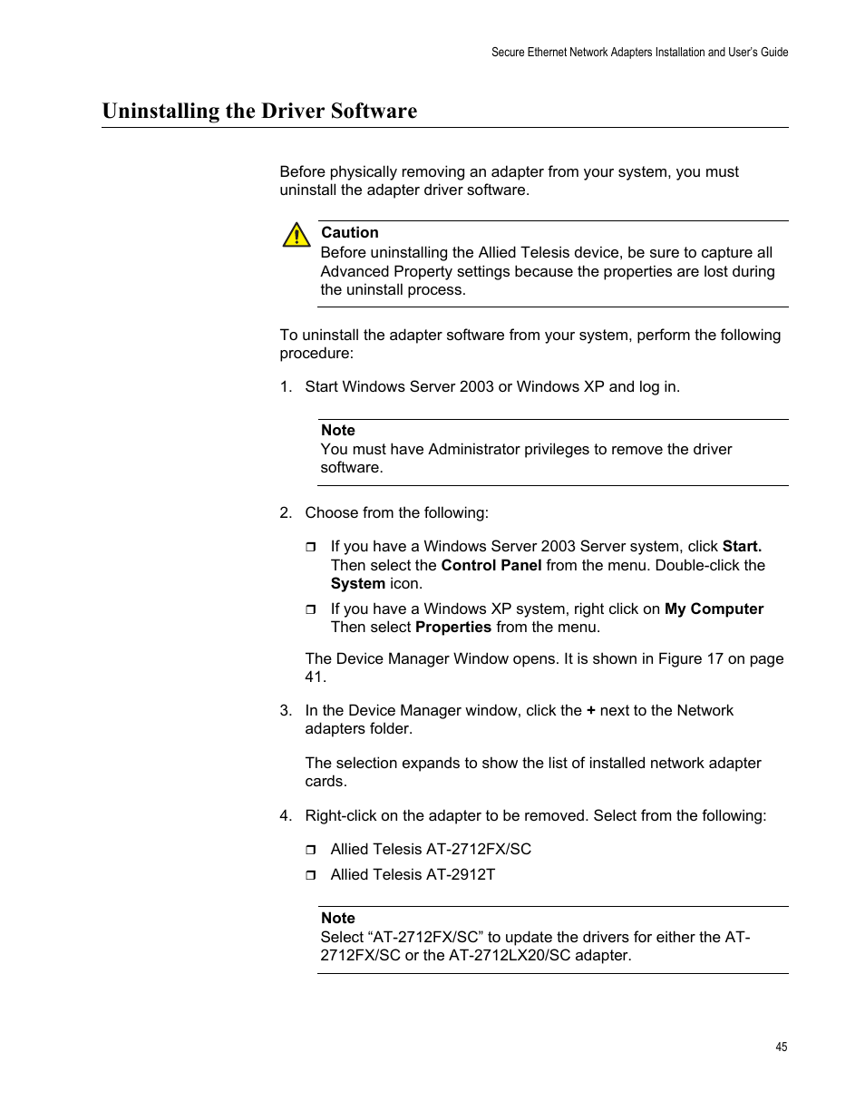 Uninstalling the driver software | Allied Telesis AT-2912T User Manual | Page 45 / 100