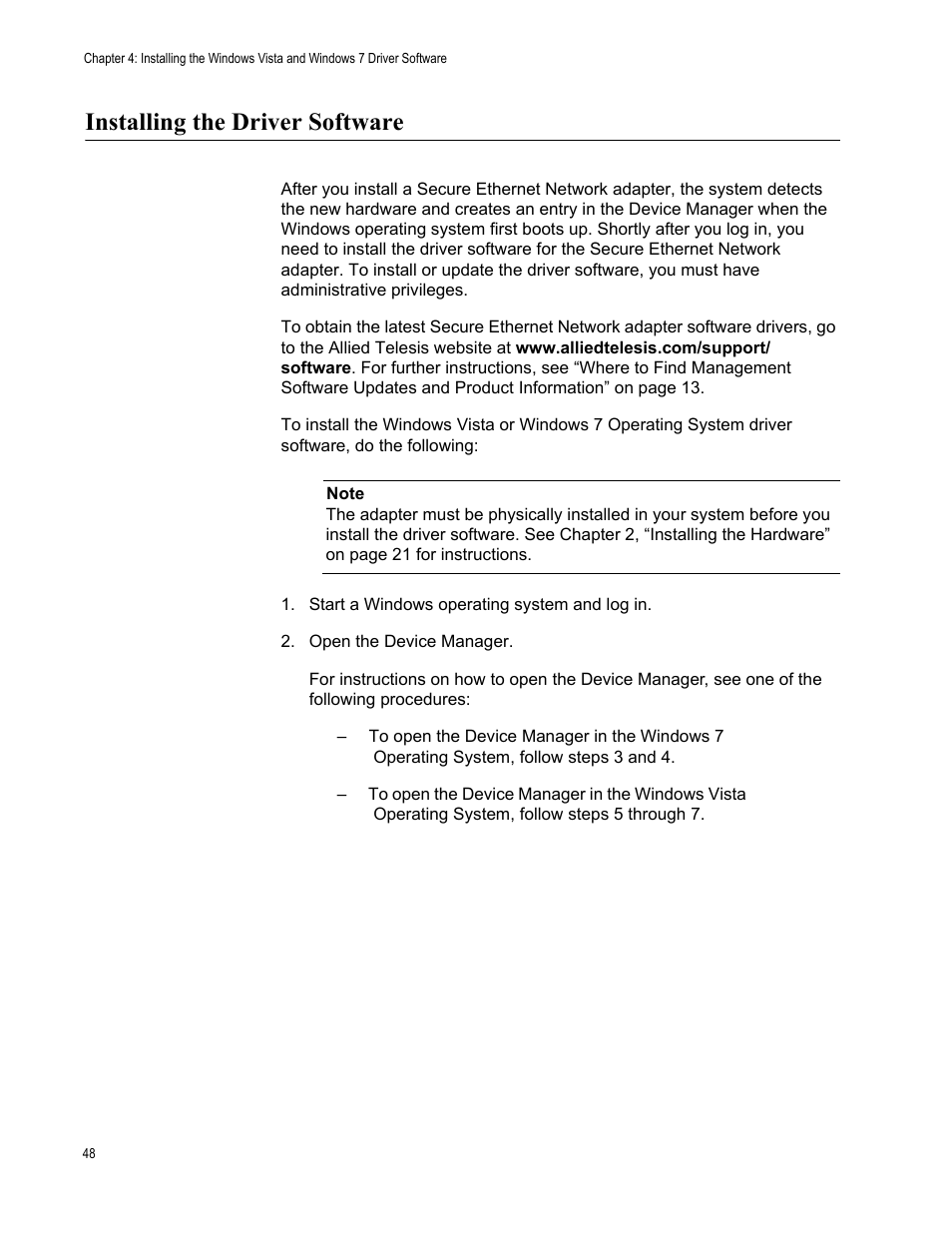 Installing the driver software | Allied Telesis AT-2912T User Manual | Page 48 / 100