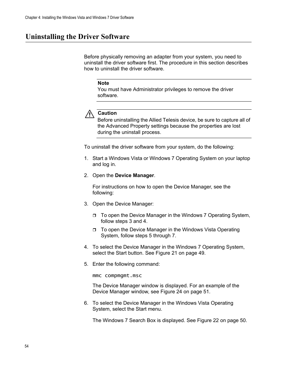 Uninstalling the driver software | Allied Telesis AT-2912T User Manual | Page 54 / 100