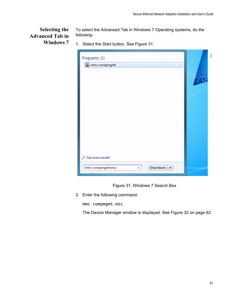 Selecting the advanced tab in windows 7, Figure 31. windows 7 search box | Allied Telesis AT-2912T User Manual | Page 61 / 100